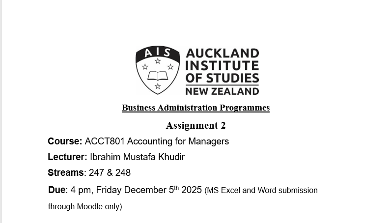 Auckland - ACCT801 Accounting for Managers assignment 2