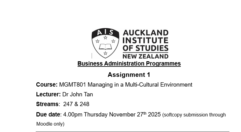 MGMT801 Managing in a Multi-Cultural Environment Assignment 1